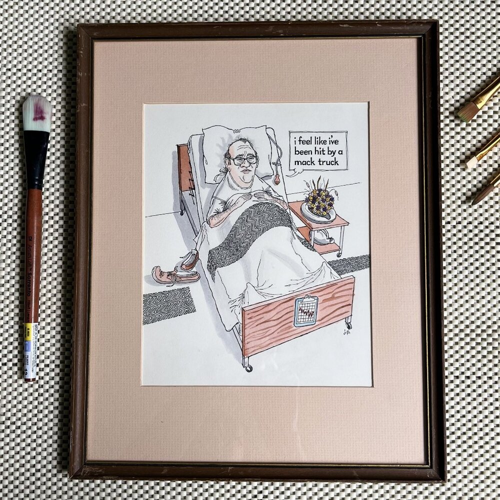 Framed Caricature Handcolored Drawing Signed j.p.